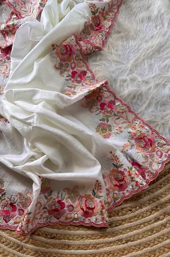 White Color Viscose Embroidery Work  Silk Saree