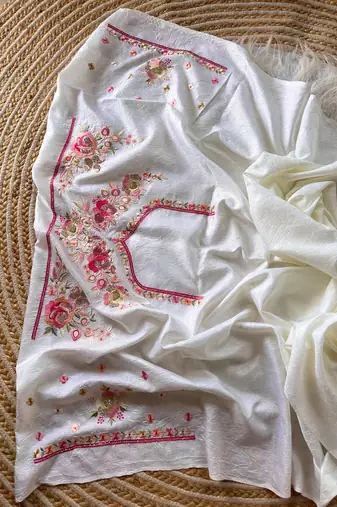 White Color Viscose Embroidery Work  Silk Saree
