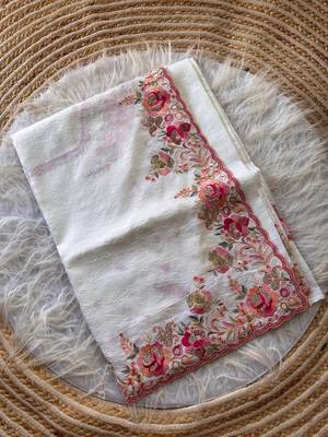 White Color Viscose Embroidery Work  Silk Saree 5