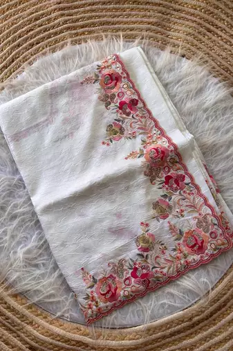 White Color Viscose Embroidery Work  Silk Saree