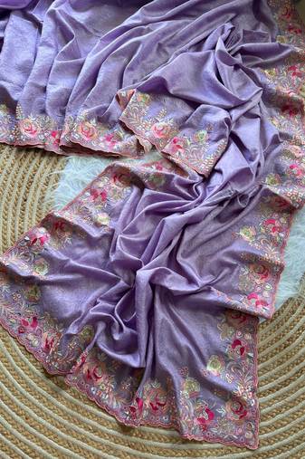 Lavender  Color Viscose Embroidery Work  Silk Saree