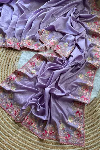 Lavender  Color Viscose Embroidery Work  Silk Saree