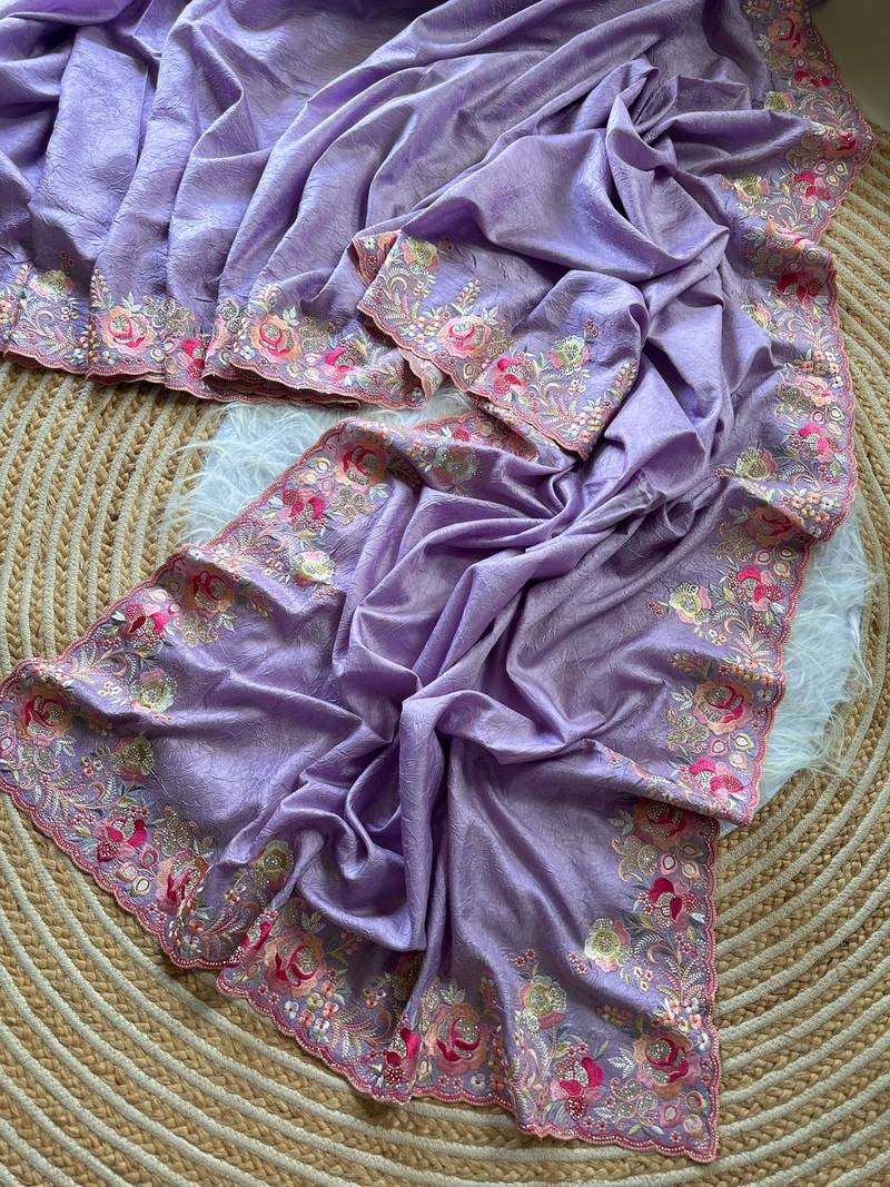 Lavender  Color Viscose Embroidery Work  Silk Saree