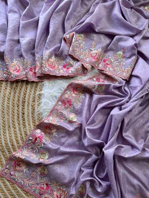 Lavender  Color Viscose Embroidery Work  Silk Saree 2