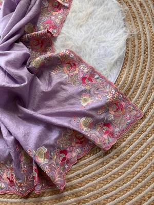 Lavender  Color Viscose Embroidery Work  Silk Saree 4