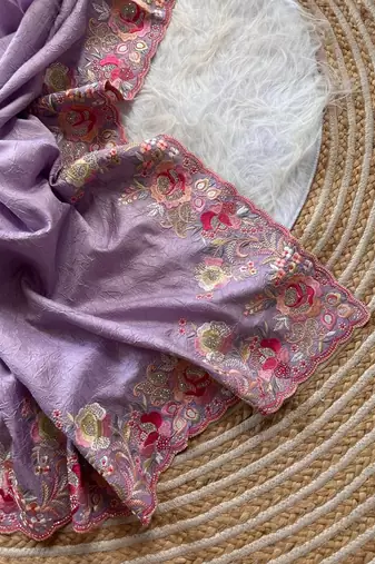 Lavender  Color Viscose Embroidery Work  Silk Saree