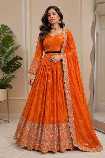 Designer Satin Silk Lehenga Choli with Sequins Thread Work & Dupatta | Boutique Wedding Wear Lehenga