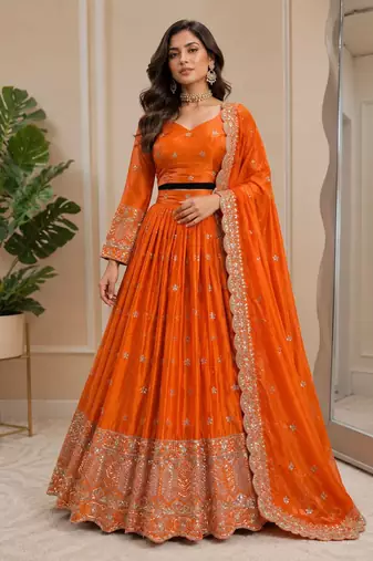 satin silk sequins thread work lehenga choli with dupatta