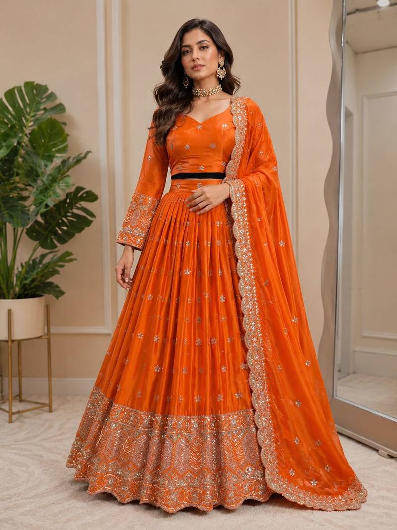 Designer Satin Silk Lehenga Choli with Sequins Thread Work & Dupatta | Boutique Wedding Wear Lehenga