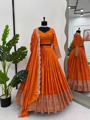 Designer Satin Silk Lehenga Choli with Sequins Thread Work & Dupatta | Boutique Wedding Wear Lehenga 2
