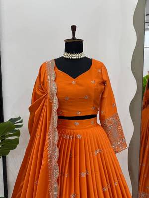 Designer Satin Silk Lehenga Choli with Sequins Thread Work & Dupatta | Boutique Wedding Wear Lehenga 3