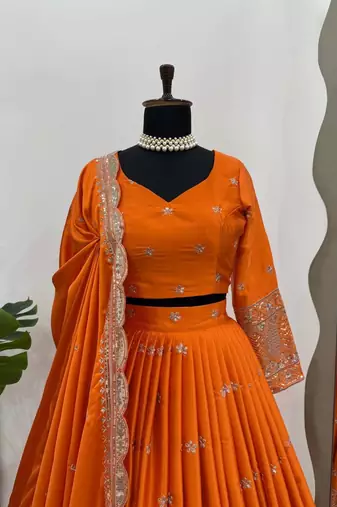 Designer Satin Silk Lehenga Choli with Sequins Thread Work & Dupatta | Boutique Wedding Wear Lehenga