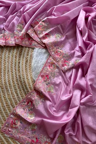 Pink Color Viscose Embroidery Work  Silk Saree