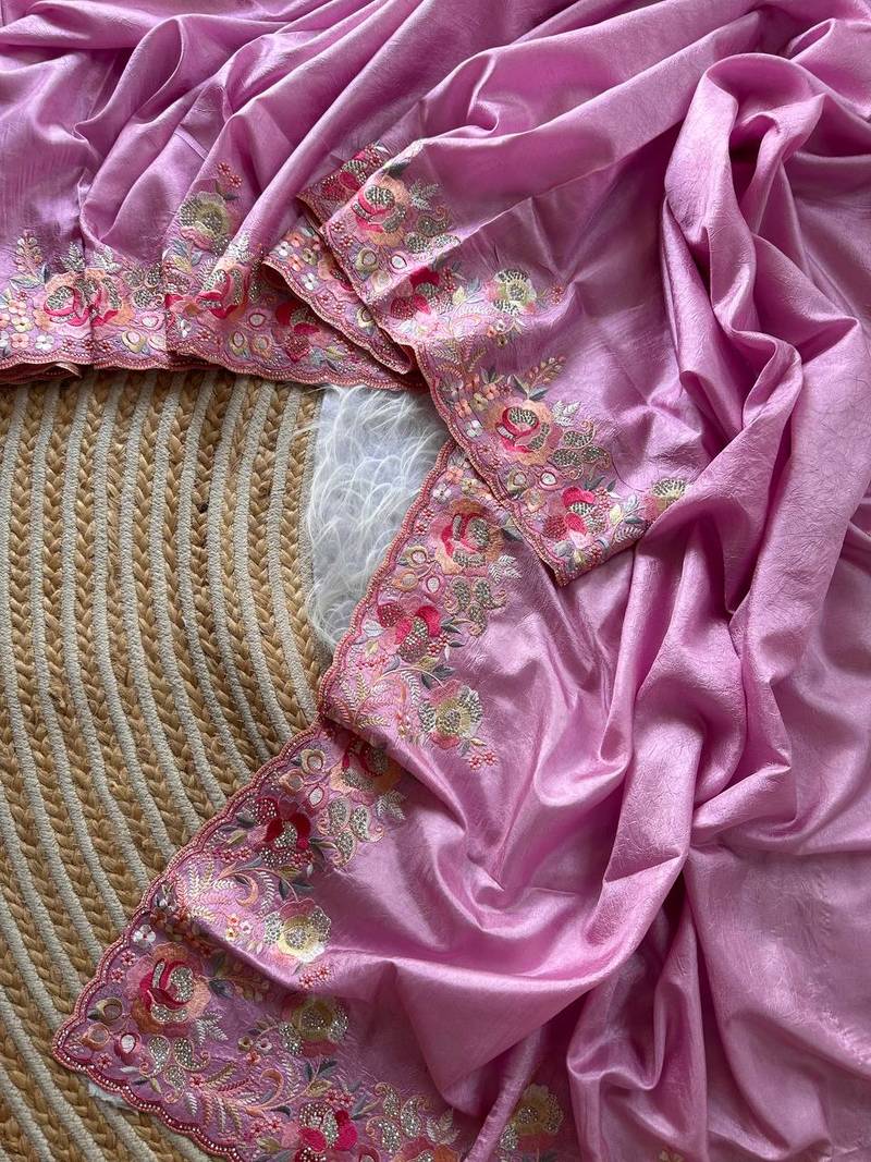 Pink Color Viscose Embroidery Work  Silk Saree