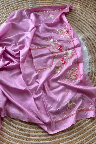 Pink Color Viscose Embroidery Work  Silk Saree