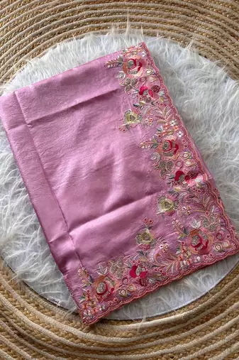 Pink Color Viscose Embroidery Work  Silk Saree