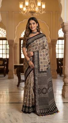 Black Color Ajarakh Print And Mirror work , Piping Work Silk Saree  1