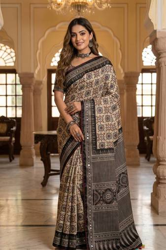 Black Color Ajarakh Print And Mirror work , Piping Work Silk Saree 