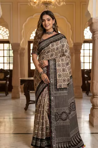 Black Color Ajarakh Print And Mirror work , Piping Work Silk Saree 