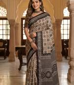 Black Color Ajarakh Print And Mirror work , Piping Work Silk Saree 