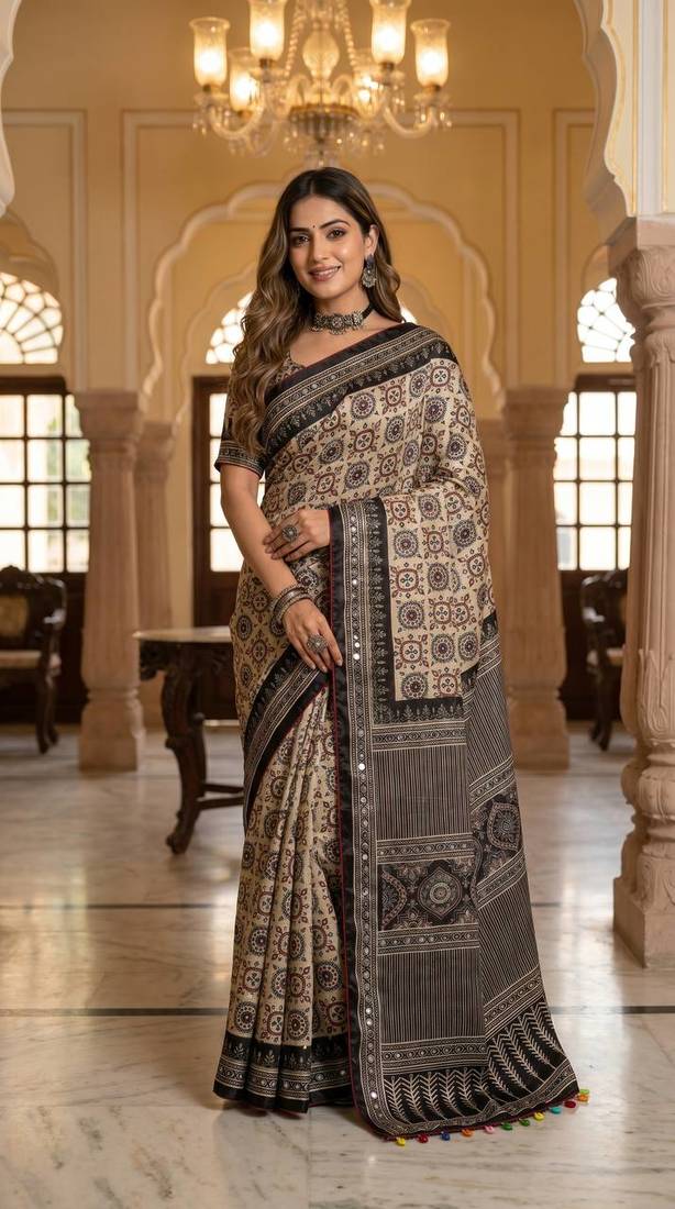 Black Color Ajarakh Print And Mirror work , Piping Work Silk Saree 