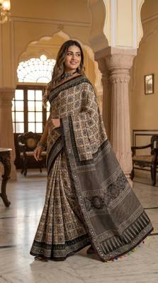 Black Color Ajarakh Print And Mirror work , Piping Work Silk Saree  2