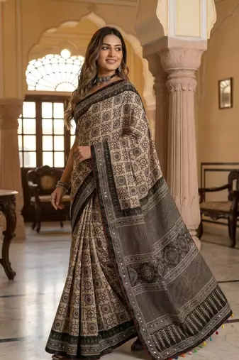 Black Color Ajarakh Print And Mirror work , Piping Work Silk Saree 