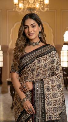 Black Color Ajarakh Print And Mirror work , Piping Work Silk Saree  3