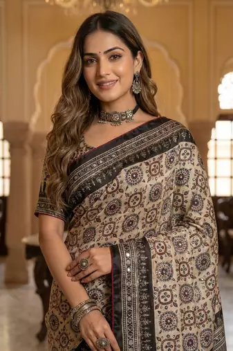 Black Color Ajarakh Print And Mirror work , Piping Work Silk Saree 
