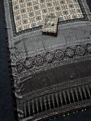 Black Color Ajarakh Print And Mirror work , Piping Work Silk Saree  4