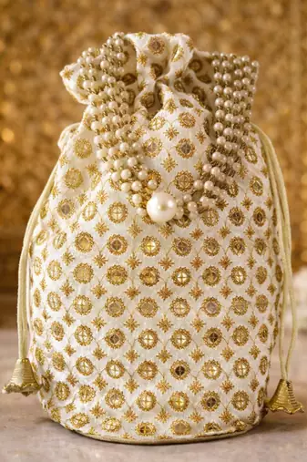 White cream gold embroidered potli bag 