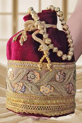 Maroon silk designer potli bag for women with golden embroidery  3
