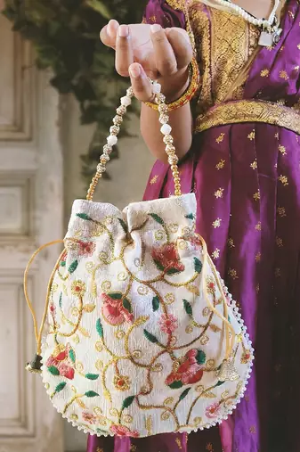 multy color bridal silk brocade potli bag pearl