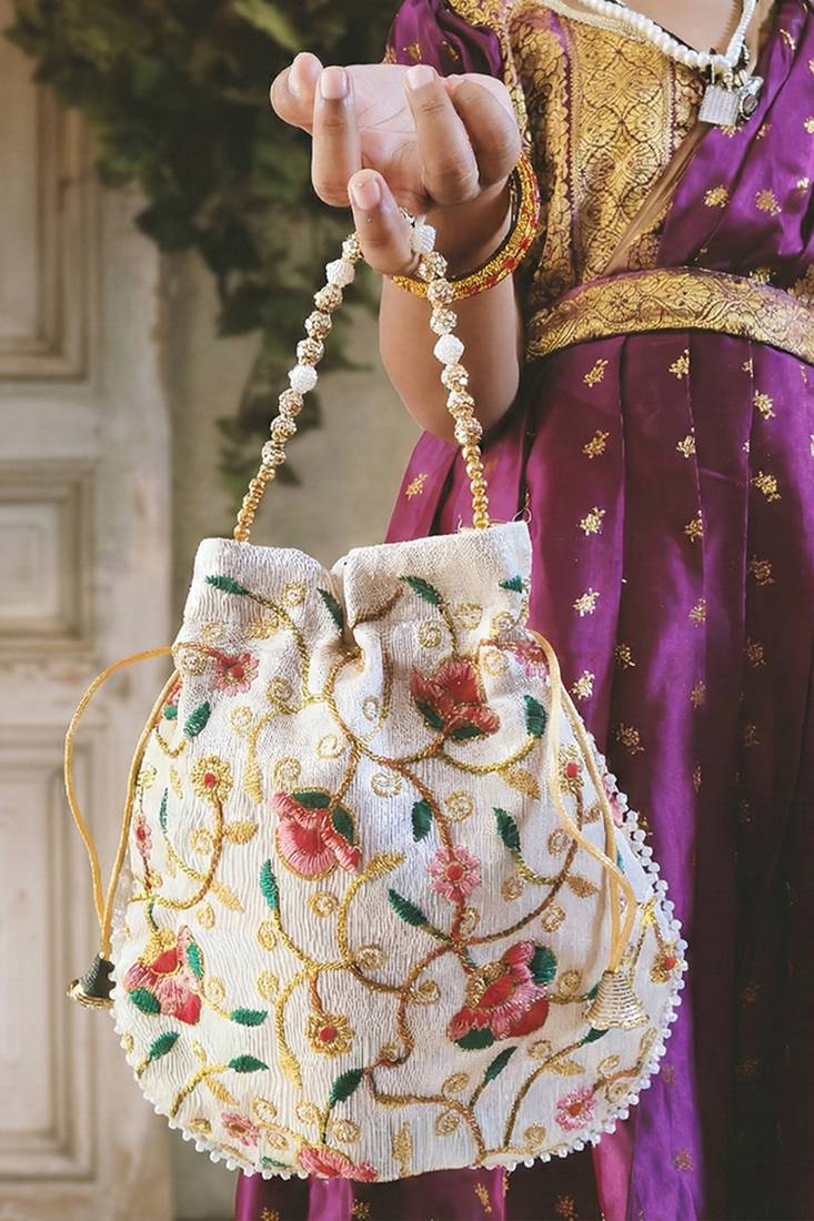 multy color bridal silk brocade potli bag pearl