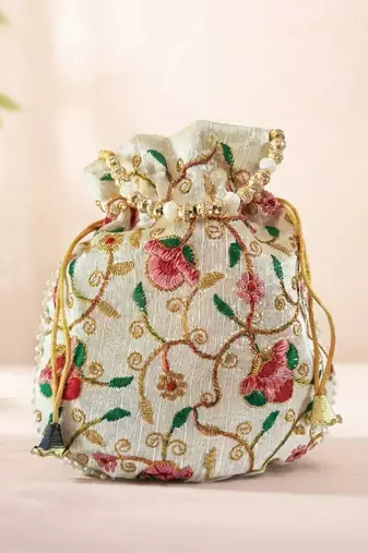 multy color bridal silk brocade potli bag pearl