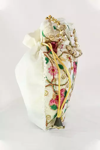 multy color bridal silk brocade potli bag pearl