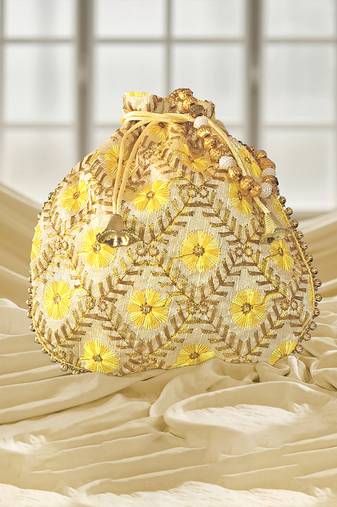 Yellow embroidered potli bags – handcrafted wedding potli with beads