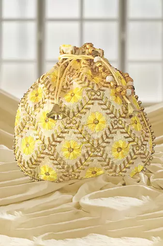 Yellow embroidered potli bags – handcrafted wedding potli with beads