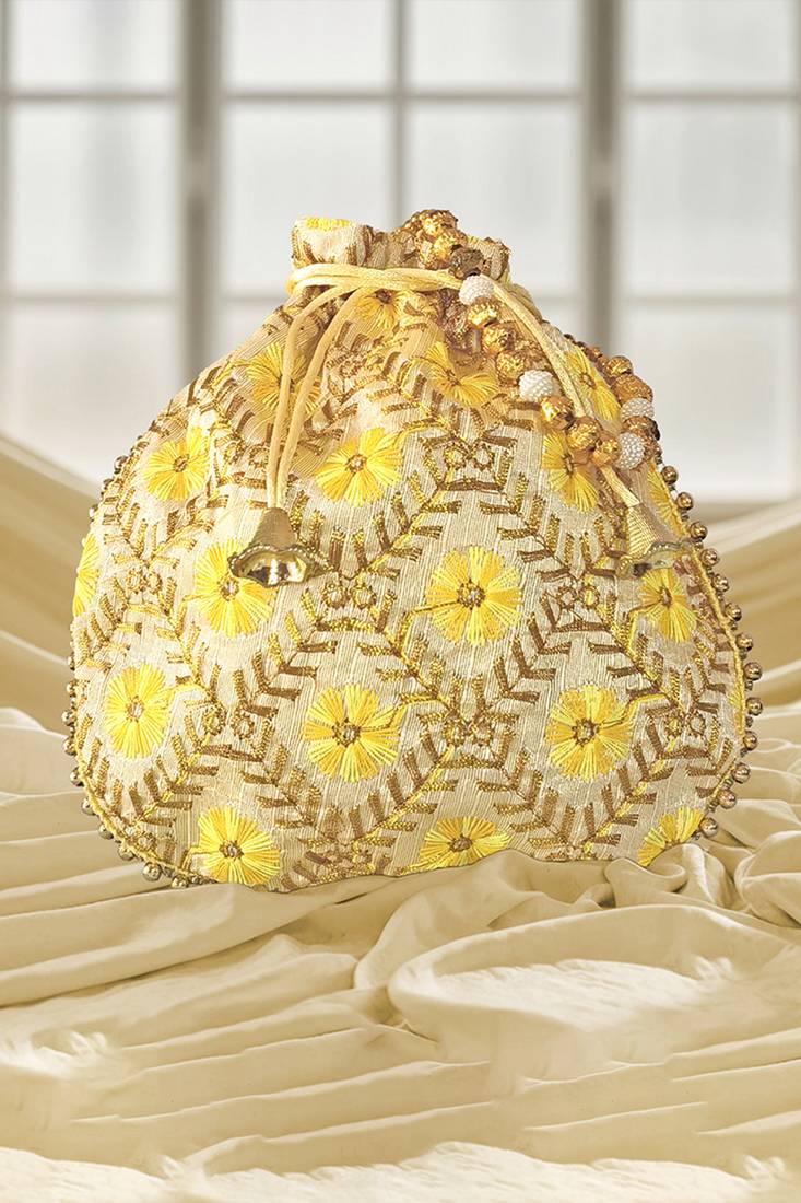 Yellow embroidered potli bags – handcrafted wedding potli with beads