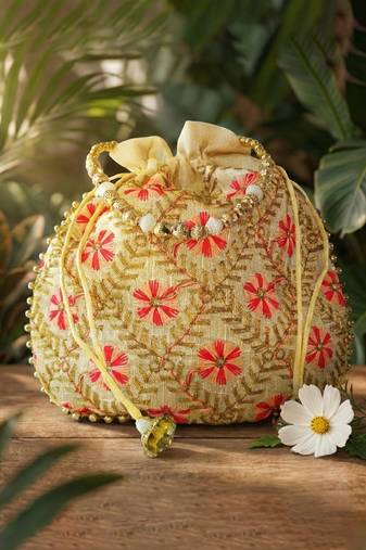 Red embroidered potli bags – handcrafted wedding potli with beads 