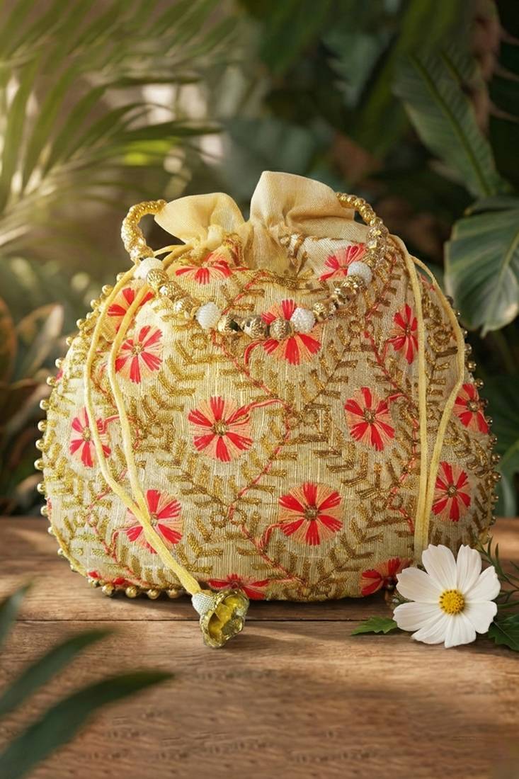 Red embroidered potli bags – handcrafted wedding potli with beads 