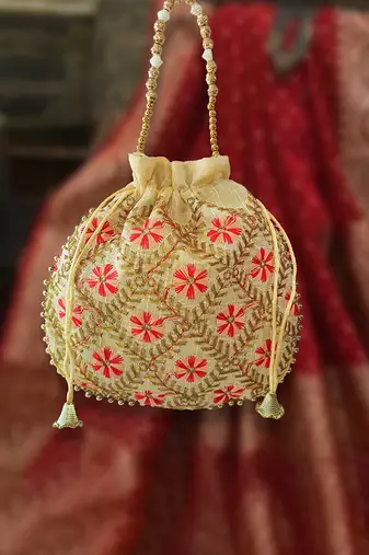 Red embroidered potli bags – handcrafted wedding potli with beads 