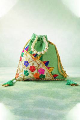 Green embroidered potli bags – handcrafted wedding potli with beads  2