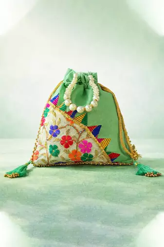 Green embroidered potli bags – handcrafted wedding potli with beads 