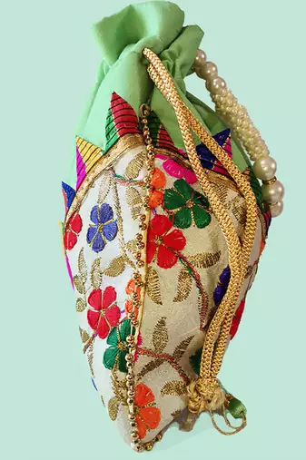 Green embroidered potli bags – handcrafted wedding potli with beads 