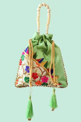 Green embroidered potli bags – handcrafted wedding potli with beads  4