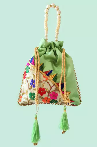 Green embroidered potli bags – handcrafted wedding potli with beads 