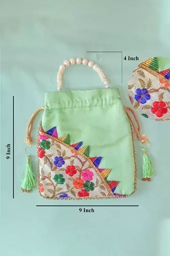 Green embroidered potli bags – handcrafted wedding potli with beads 