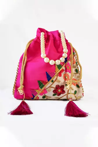 Marron embroidered potli bags – handcrafted wedding potli with beads 