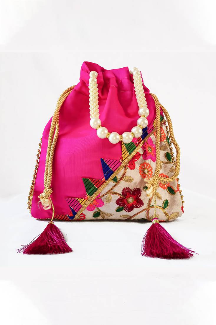 Marron embroidered potli bags – handcrafted wedding potli with beads 